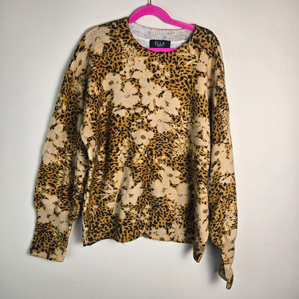 Women's ELLA RAFAELLA Petite MP Crew Neck Sweater Beige Brown Floral